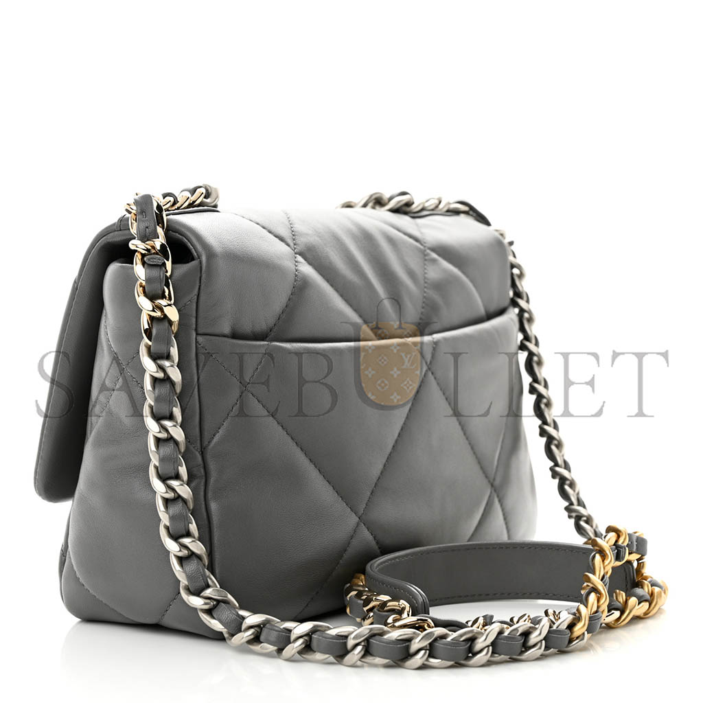 CHANEL LAMBSKIN QUILTED MEDIUM CHANEL 19 FLAP GREY AS1160 (26*16*9cm)